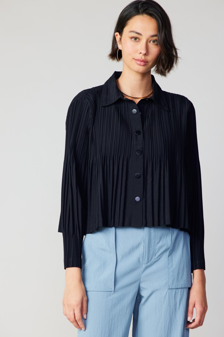 CURRENT AIR Button Down Pleated Top Long Sleeve Tops