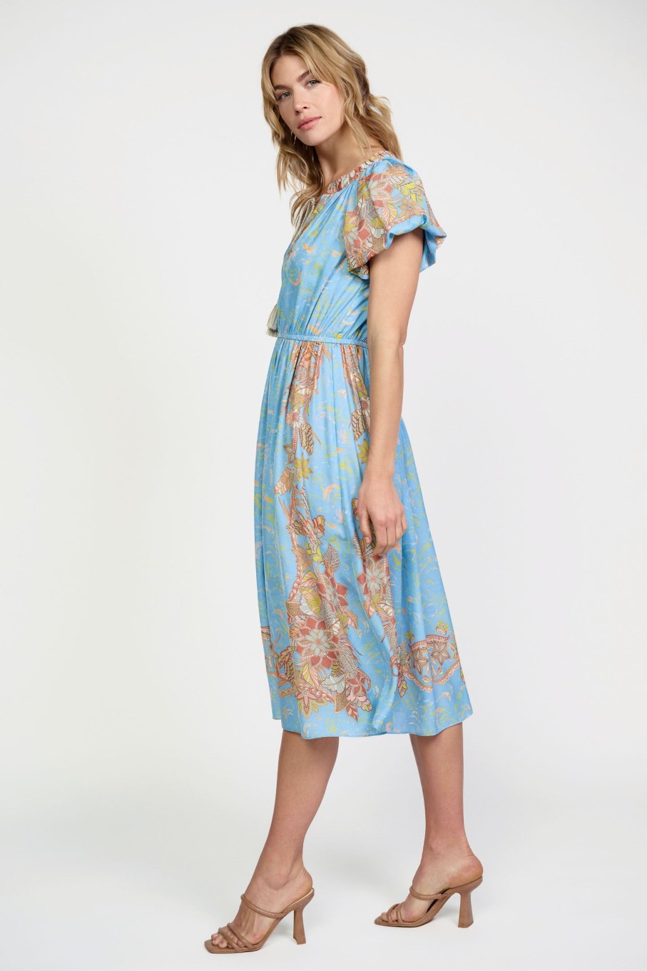 CURRENT AIR Retro Floral Bubble Sleeve Dress Midi Dresses