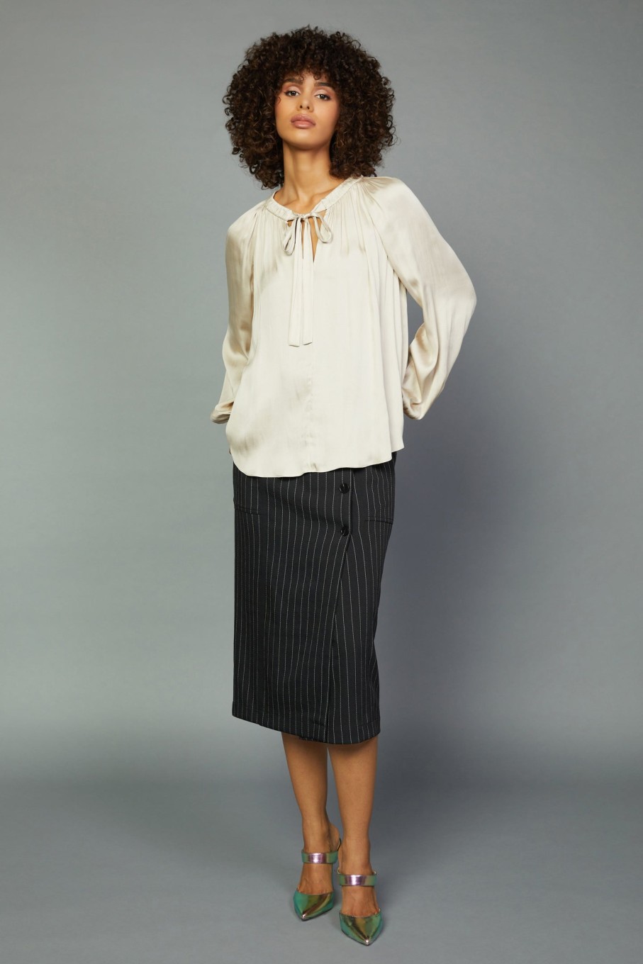 CURRENT AIR Gathered Bow Tie Blouse Blouses