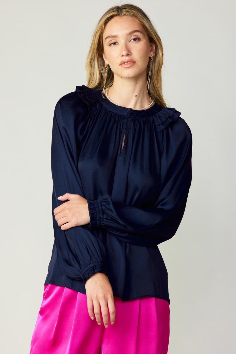 CURRENT AIR Ruffled Crewneck Blouse Long Sleeve Tops
