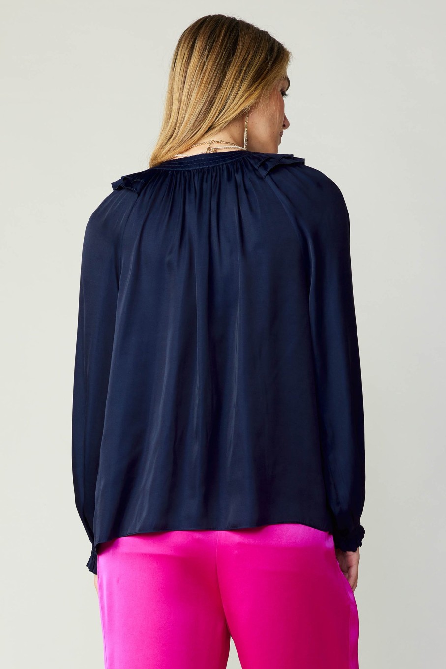 CURRENT AIR Ruffled Crewneck Blouse Long Sleeve Tops