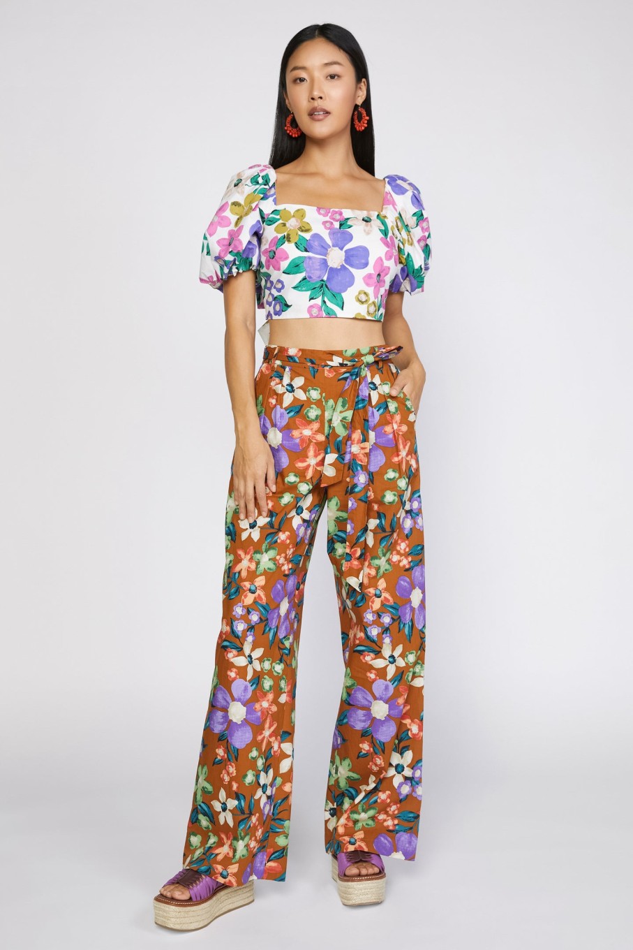 CURRENT AIR Floral Puffed Sleeve Crop Top Sleeveless Tops