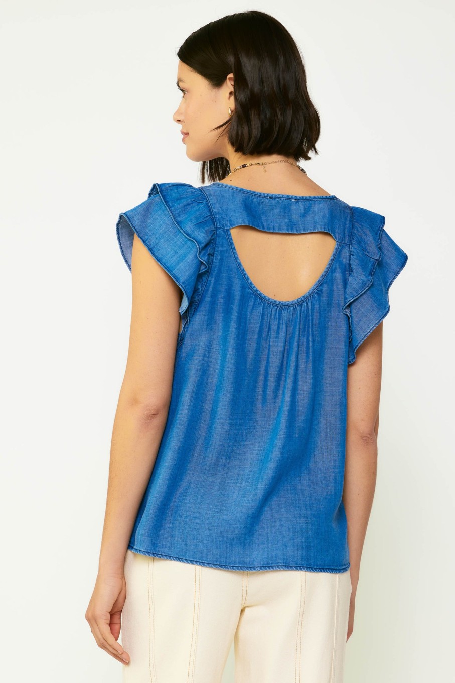 CURRENT AIR Chambray Back Cutout Top Short Sleeve Tops