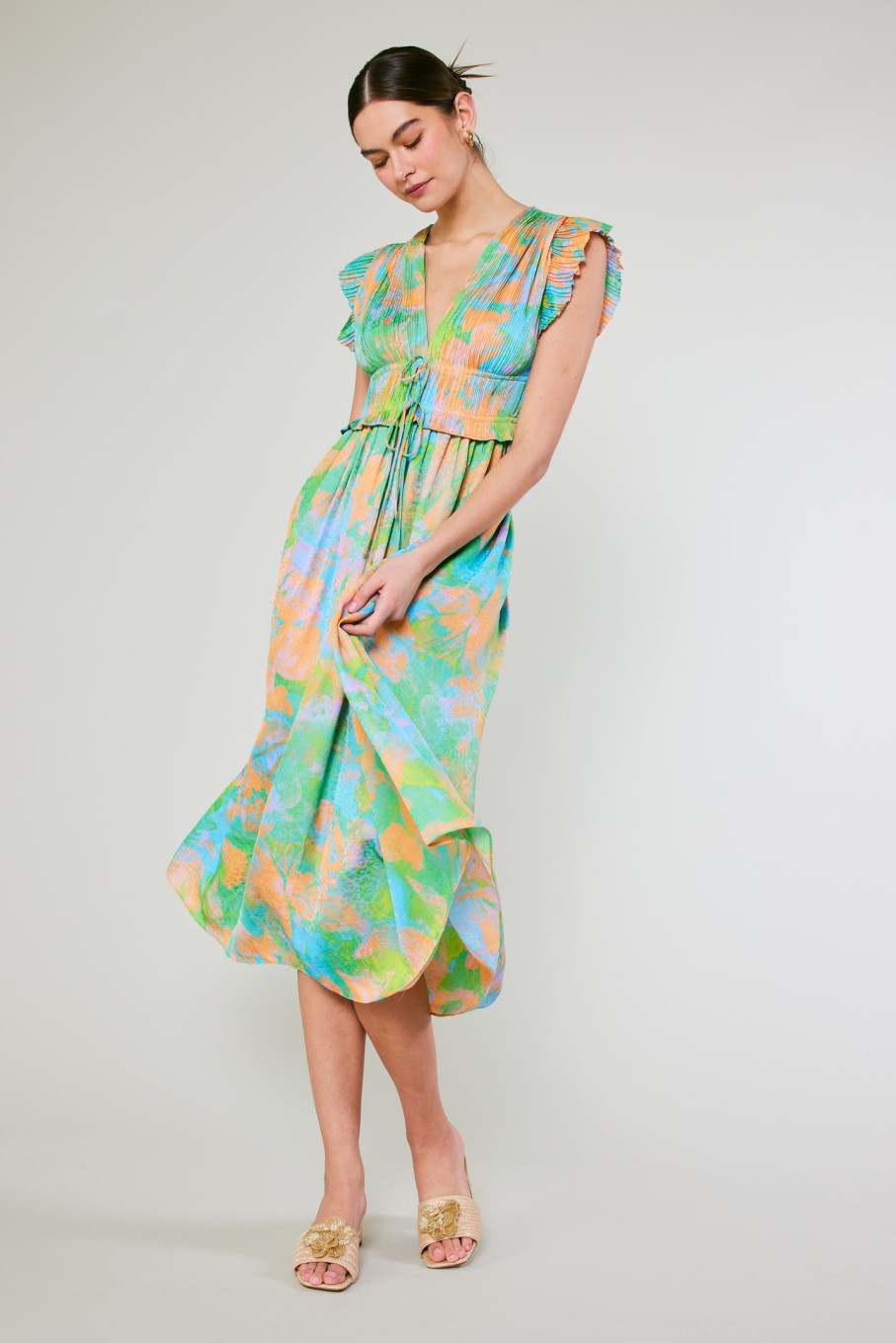 CURRENT AIR Mara Abstract Pleated Maxi Dress Midi Dresses