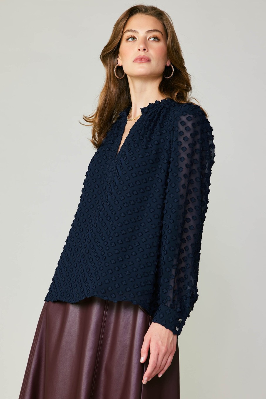 CURRENT AIR Textured Floral Jacquard Blouse Long Sleeve Tops