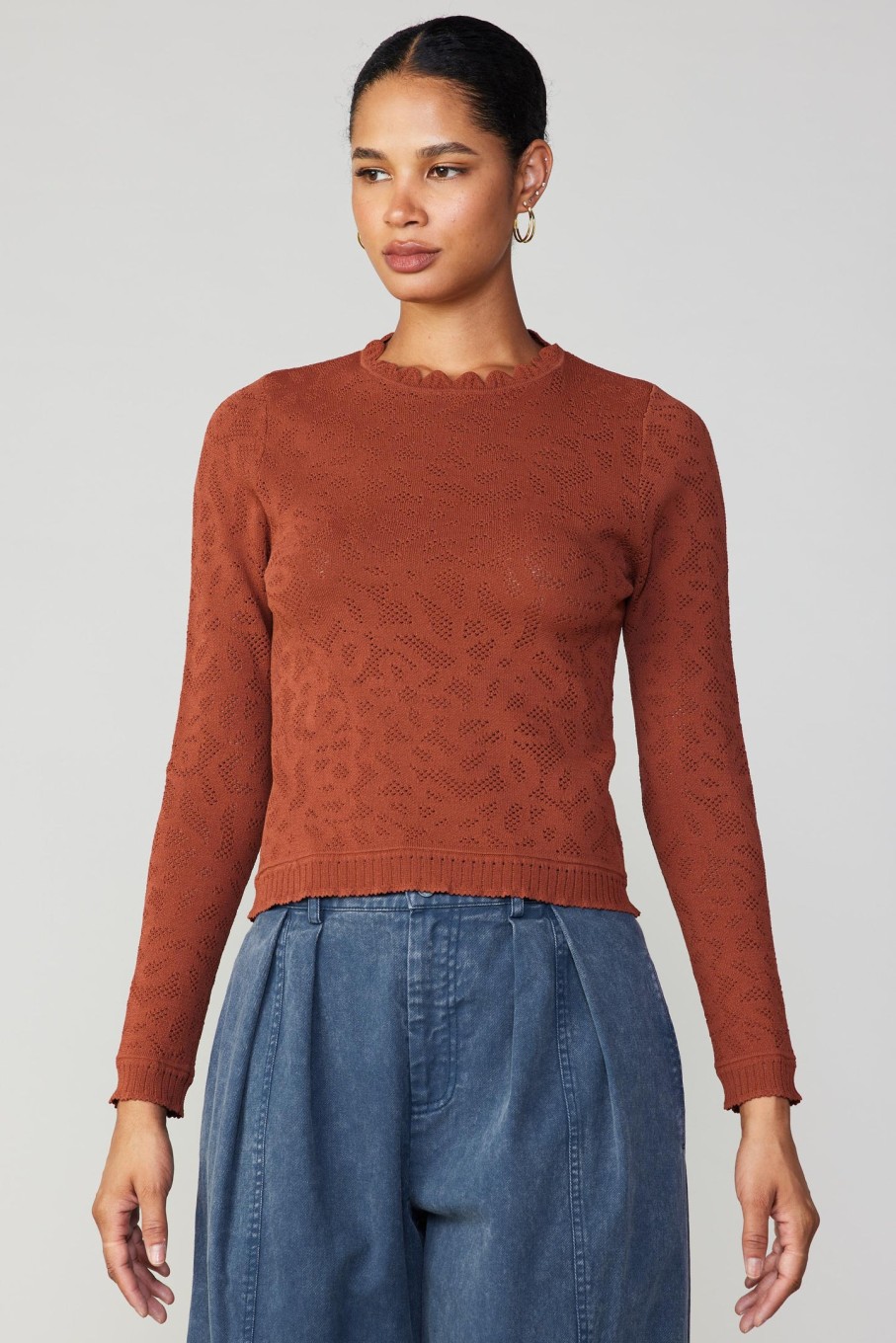 CURRENT AIR Scalloped Knit Top Long Sleeve Tops