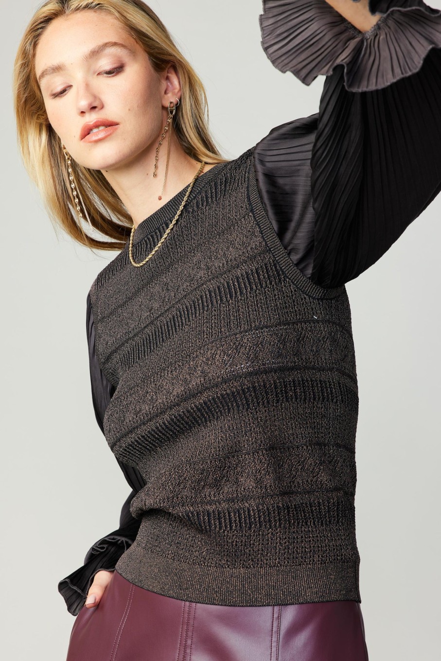 CURRENT AIR Pleated Sleeve Sweater Vest Blouse Knitwear