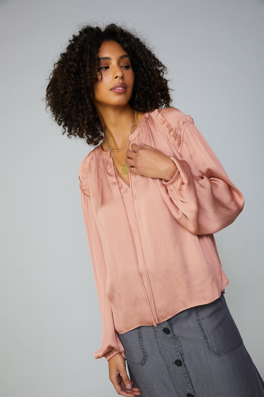 CURRENT AIR Ruffled Shoulder Blouse Long Sleeve Tops