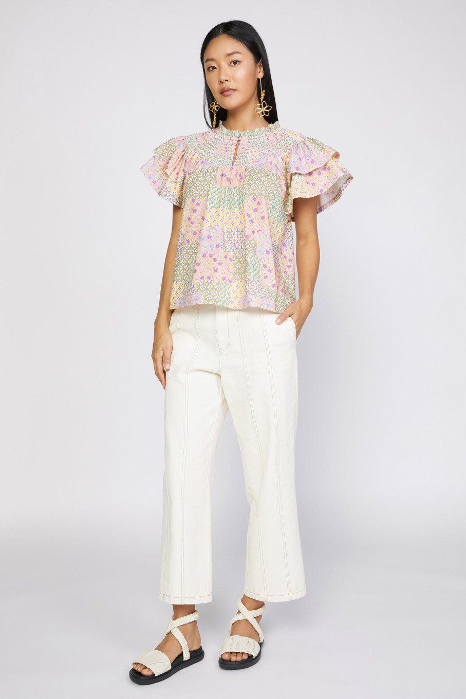 CURRENT AIR Patchwork Flutter Sleeve Top Blouses