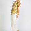 CURRENT AIR Floral Colorblock Split Neck Blouse Short Sleeve Tops