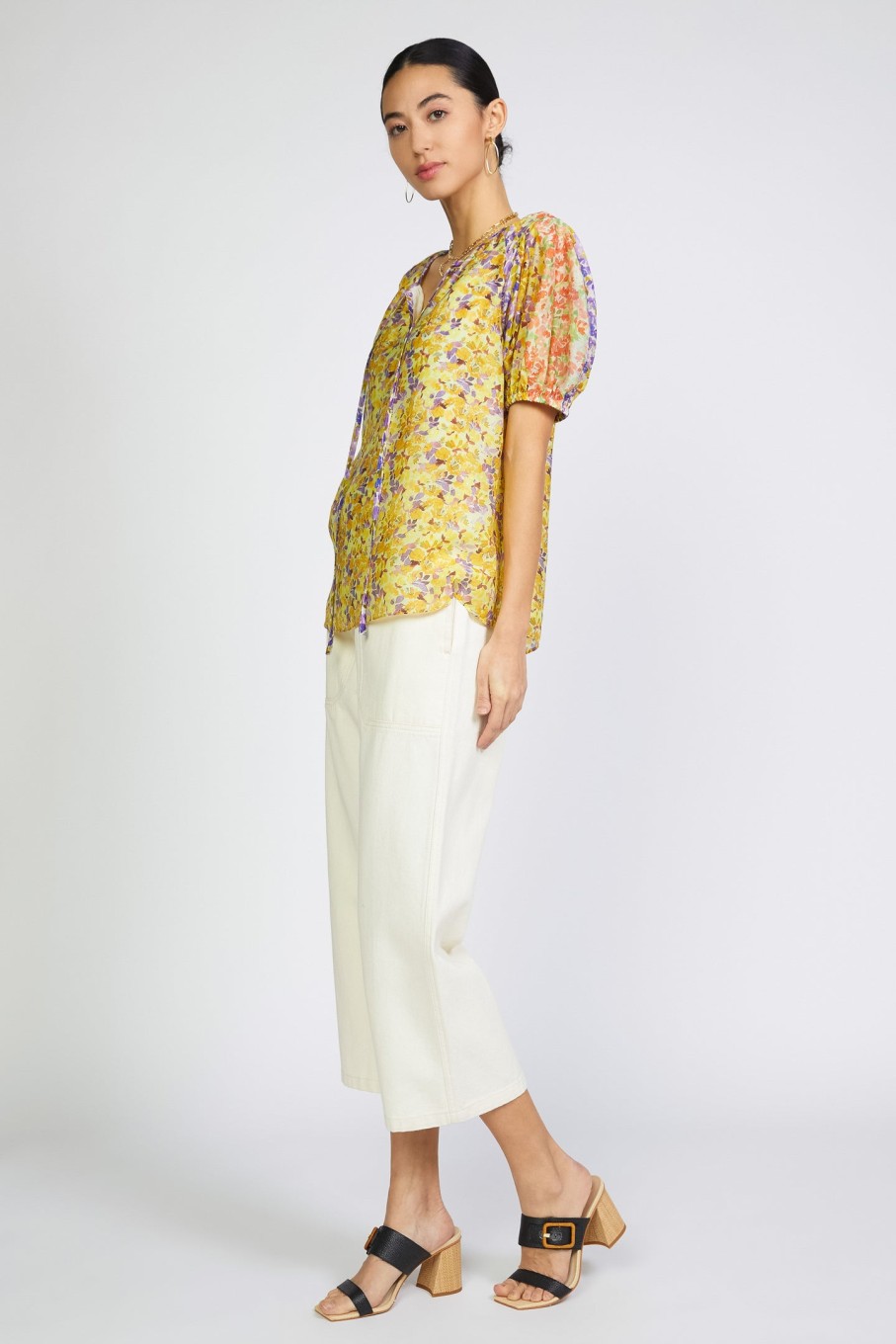 CURRENT AIR Floral Colorblock Split Neck Blouse Short Sleeve Tops
