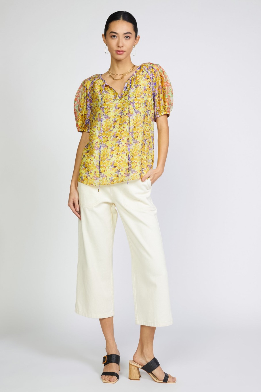 CURRENT AIR Floral Colorblock Split Neck Blouse Short Sleeve Tops