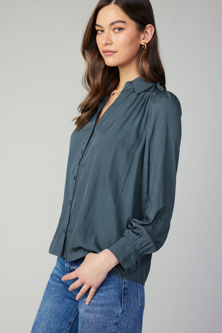CURRENT AIR Split Neck Buttoned Shirt Long Sleeve Tops
