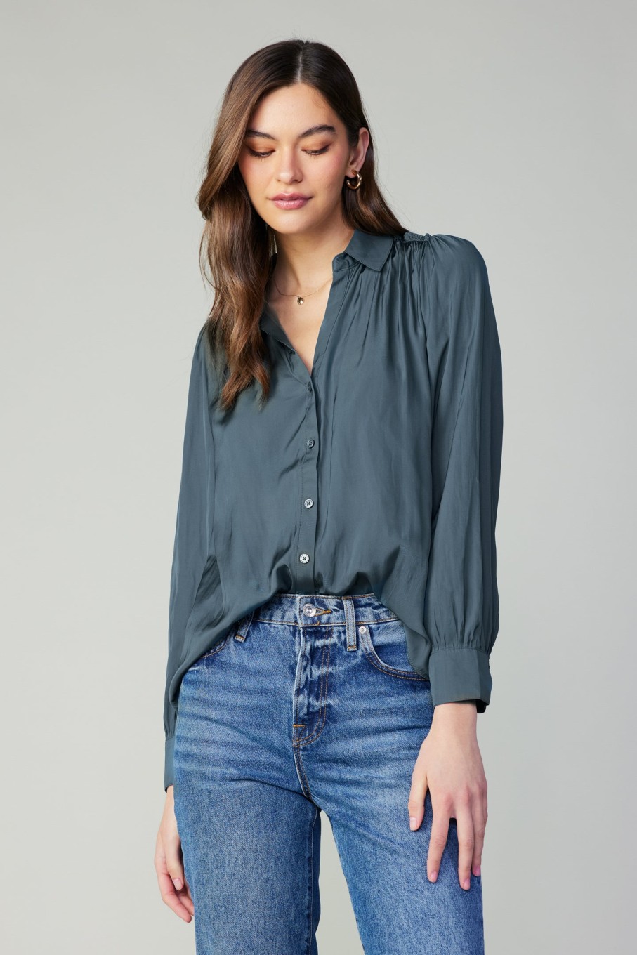 CURRENT AIR Split Neck Buttoned Shirt Long Sleeve Tops