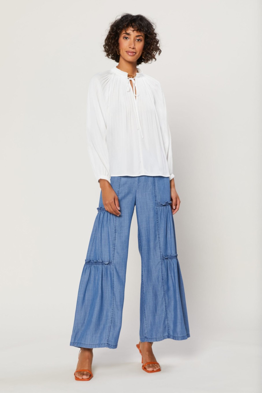 CURRENT AIR Pleated Split Neck Top Long Sleeve Tops