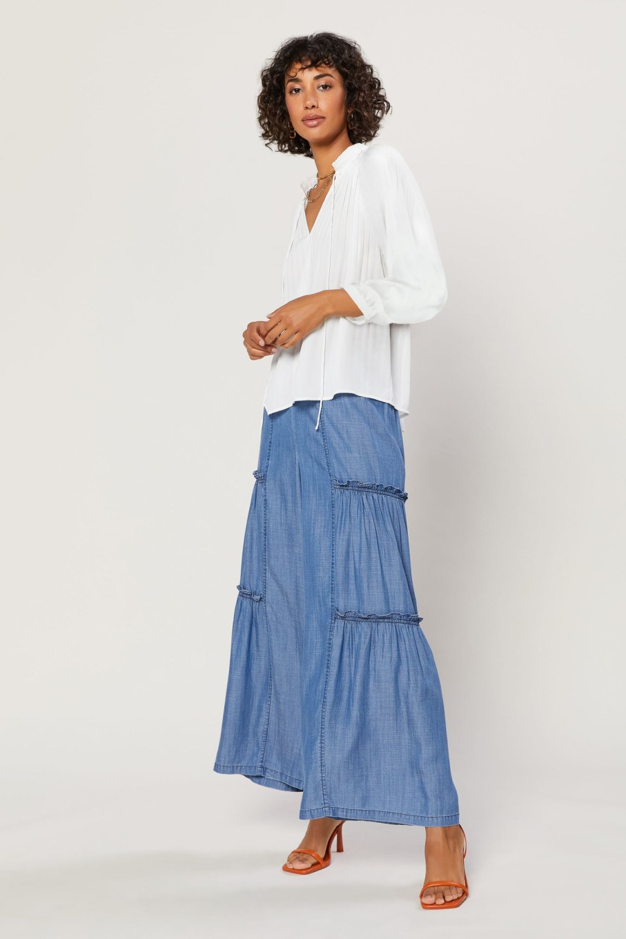 CURRENT AIR Pleated Split Neck Top Long Sleeve Tops