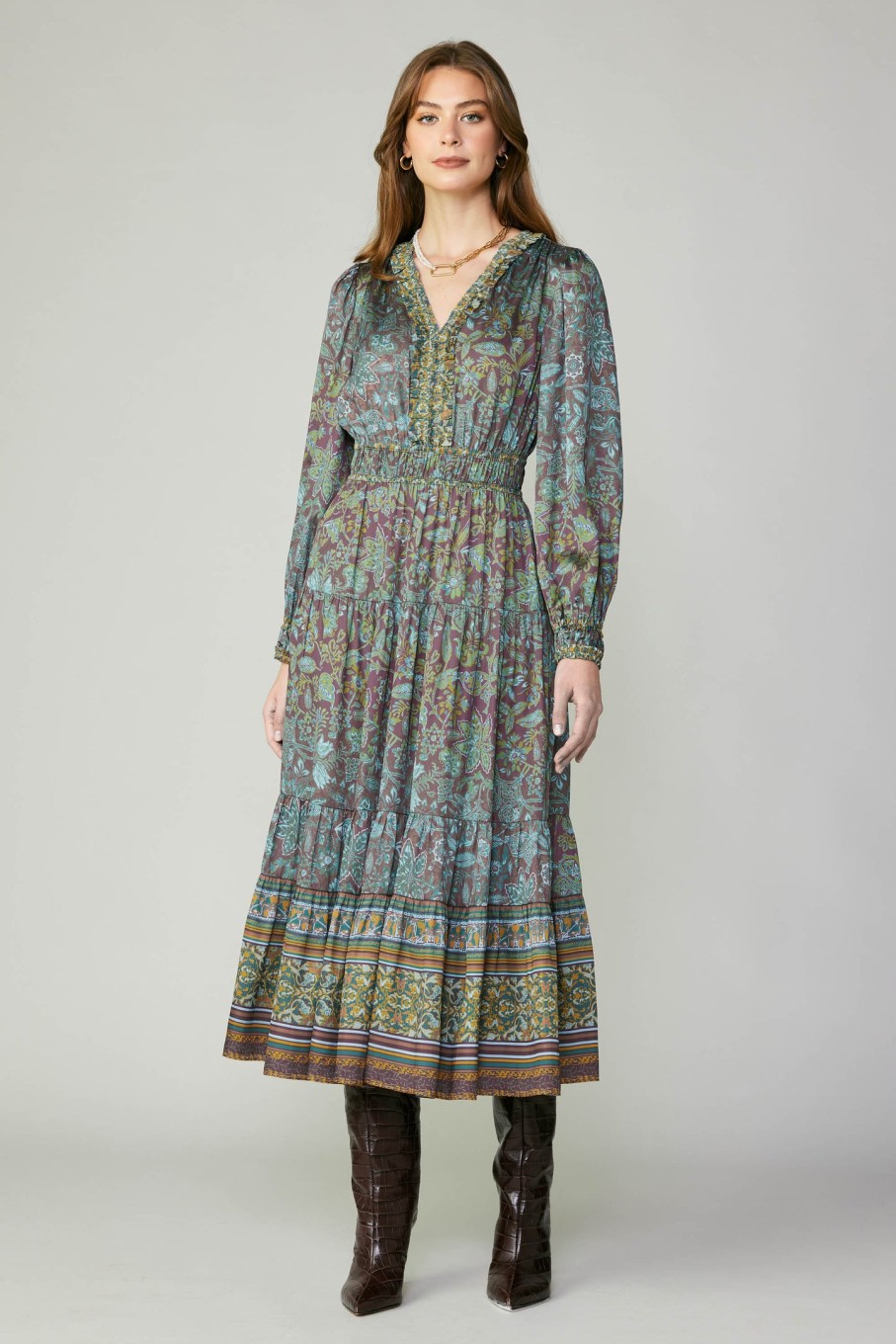 CURRENT AIR Border Printed Floral Midi Dress Midi Dresses