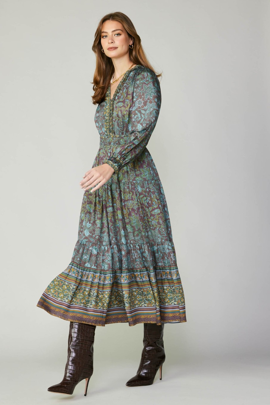 CURRENT AIR Border Printed Floral Midi Dress Midi Dresses