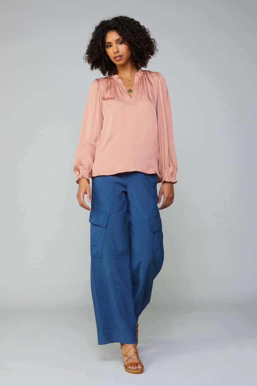 CURRENT AIR Top Stitch Placket Blouse Long Sleeve Tops