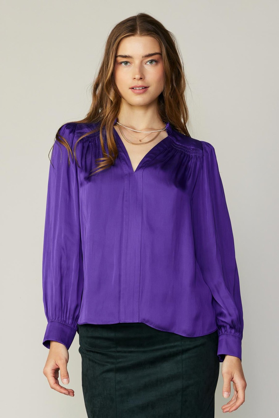 CURRENT AIR Smocked Shoulder Cuffed Blouse Long Sleeve Tops