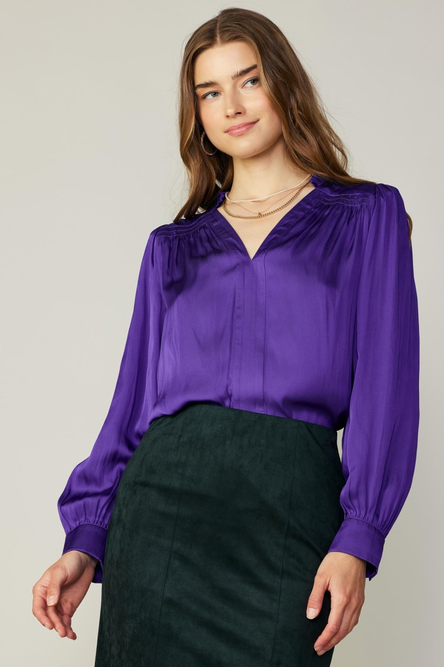 CURRENT AIR Smocked Shoulder Cuffed Blouse Long Sleeve Tops