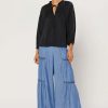 CURRENT AIR Pleated Split Neck Top Long Sleeve Tops