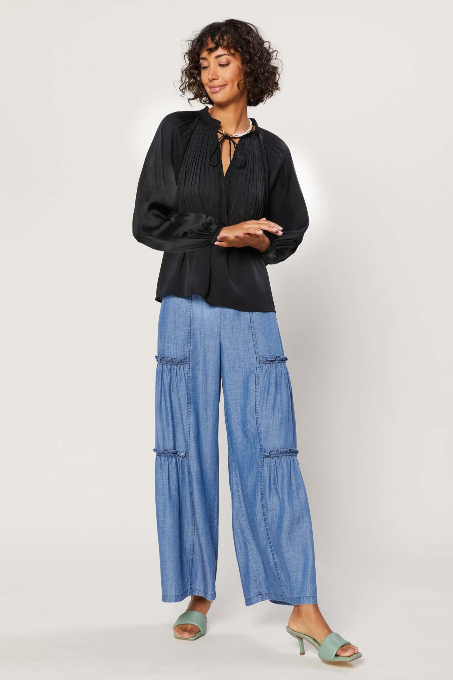 CURRENT AIR Pleated Split Neck Top Long Sleeve Tops
