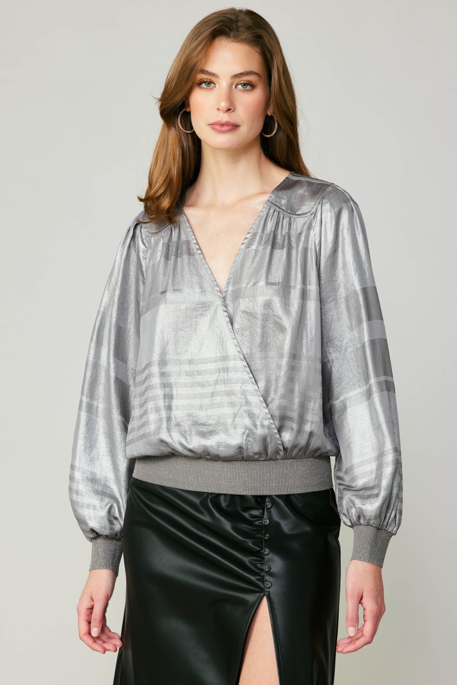 CURRENT AIR Metallic Surplice Blouse Long Sleeve Tops