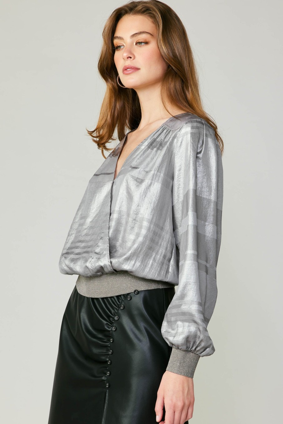 CURRENT AIR Metallic Surplice Blouse Long Sleeve Tops