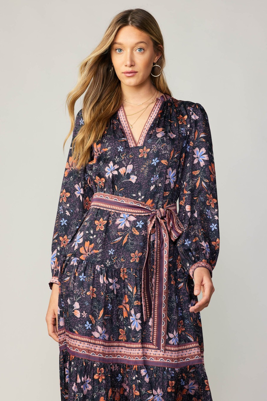 CURRENT AIR Contrast Stripe Floral Midi Dress Midi Dresses