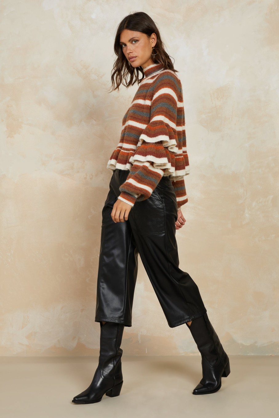 CURRENT AIR Striped Ruffled Mock Neck Sweater Coats & Jackets