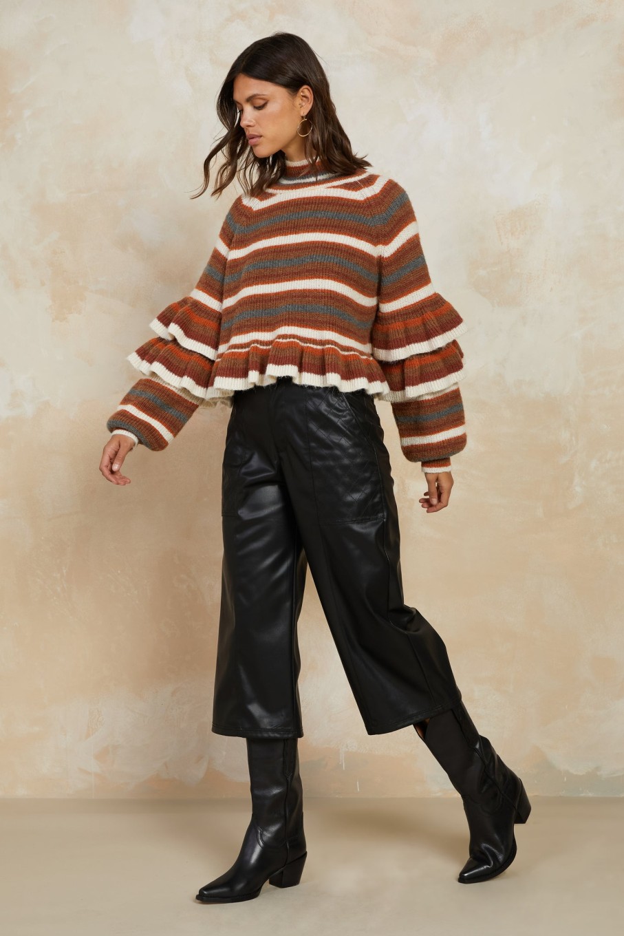 CURRENT AIR Striped Ruffled Mock Neck Sweater Coats & Jackets