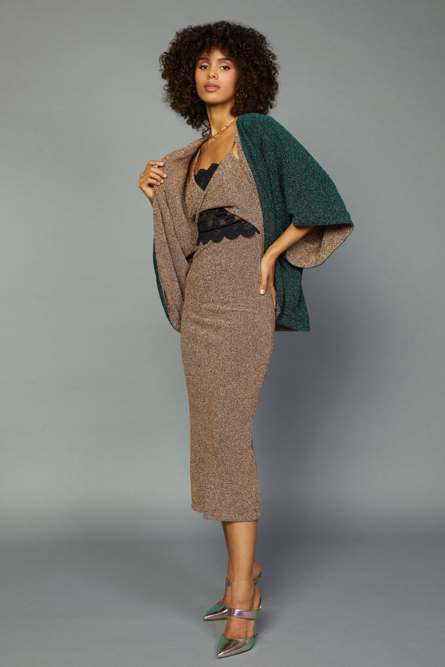 CURRENT AIR Metallic Lace Detail Dress Midi Dresses