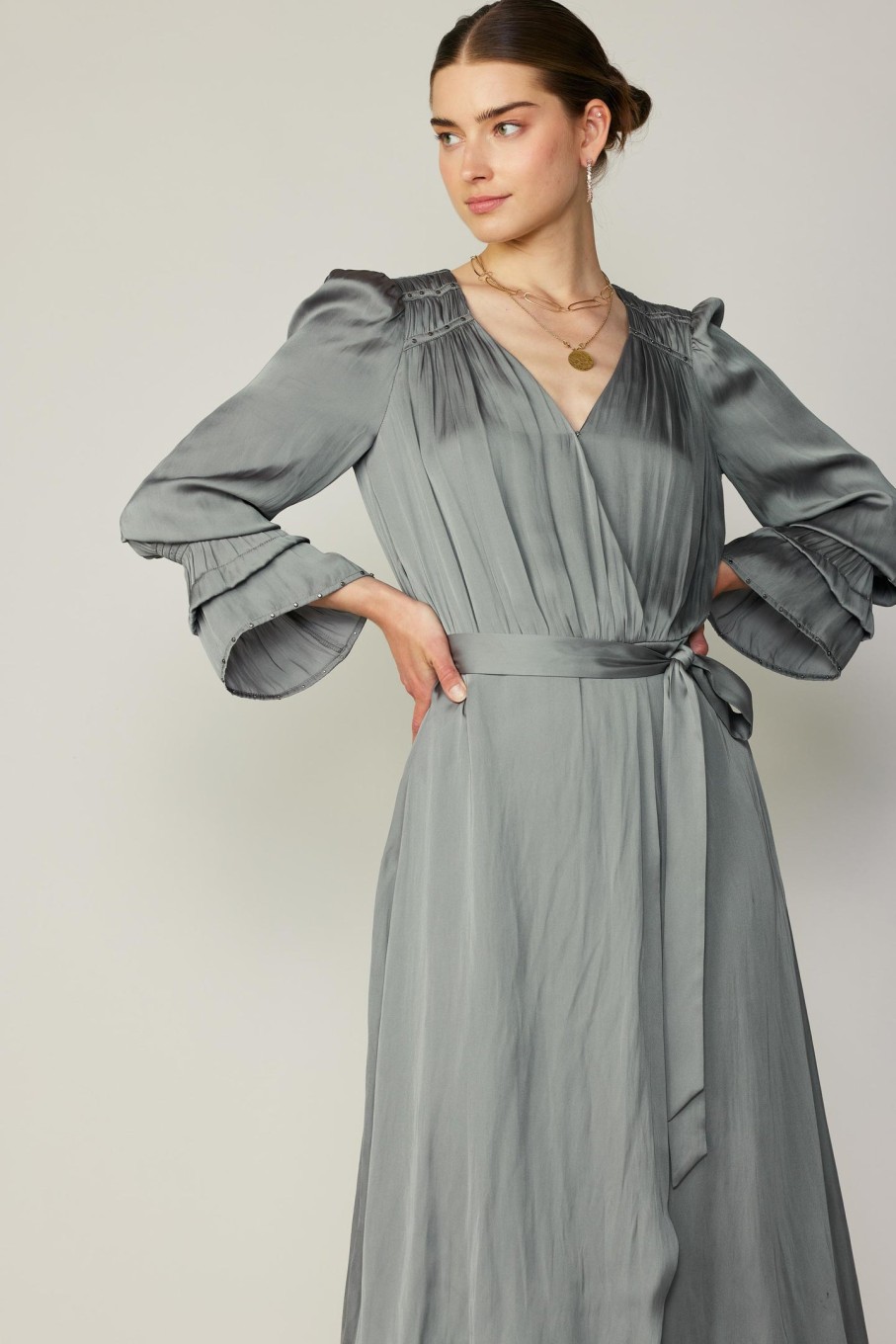CURRENT AIR Tiered Sleeve Wrap Midi Dress Midi Dresses