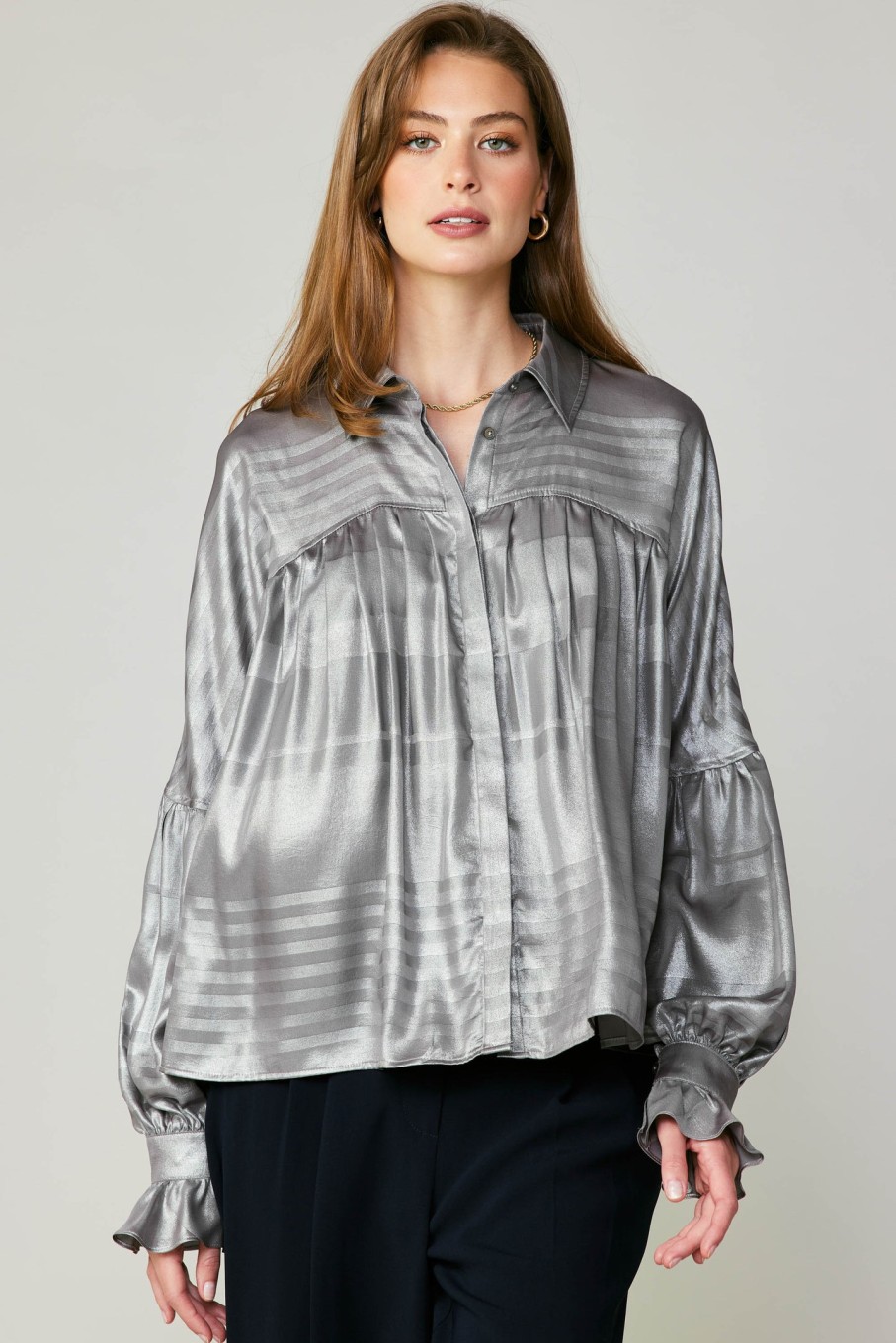 CURRENT AIR Metallic Pleated Shirt Long Sleeve Tops