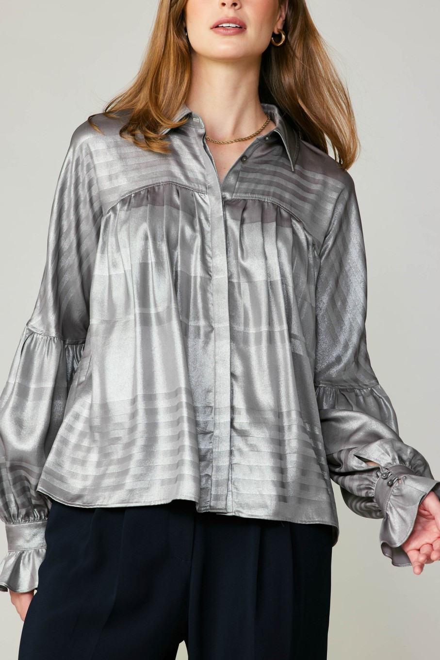 CURRENT AIR Metallic Pleated Shirt Long Sleeve Tops