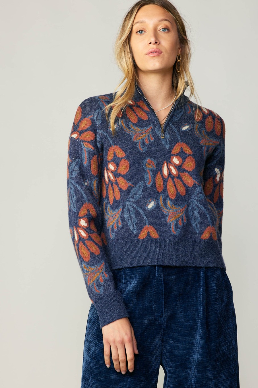 CURRENT AIR Floral Jacquard Zip Sweater Sweaters