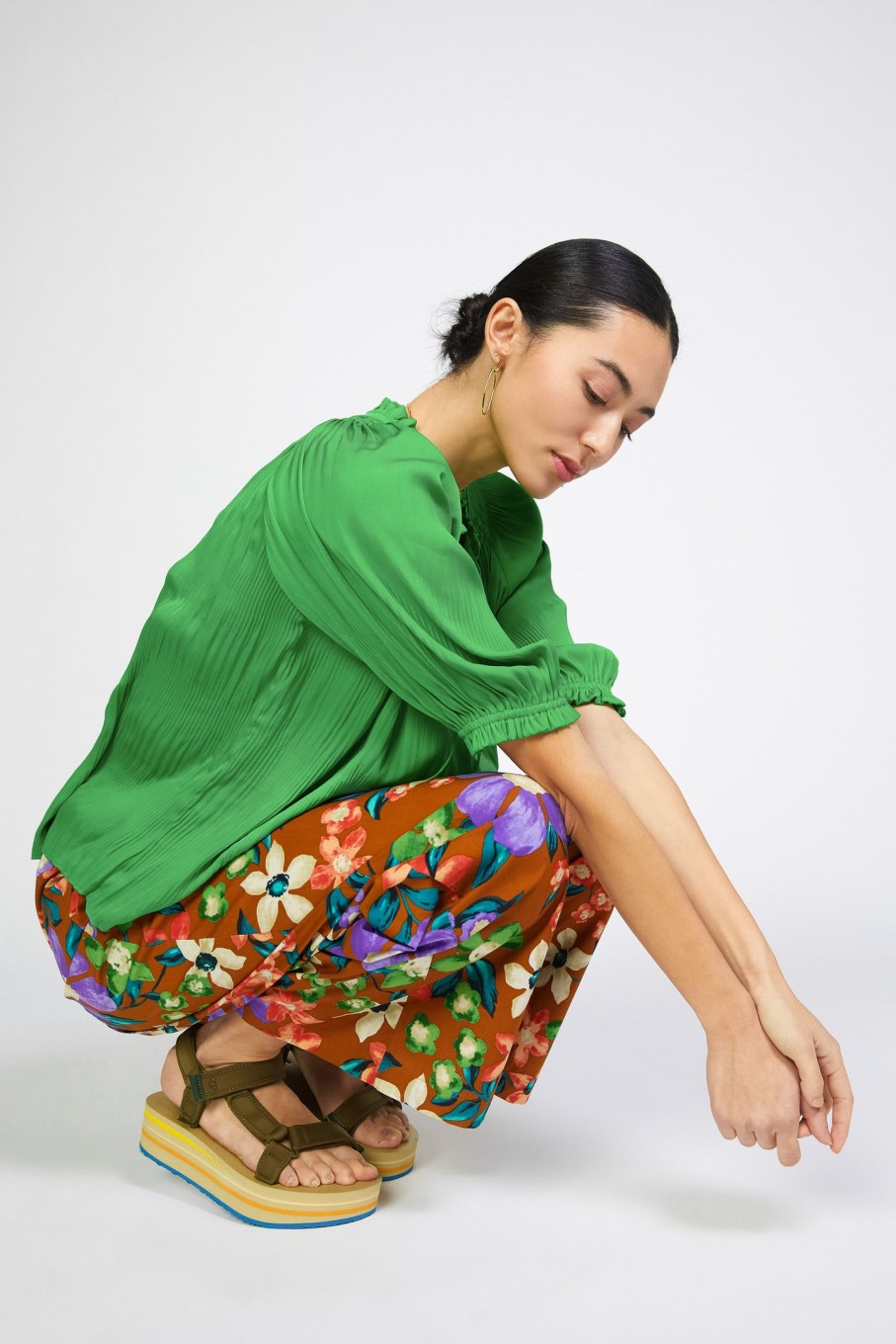 CURRENT AIR Angelica Pleated Blouse Short Sleeve Tops