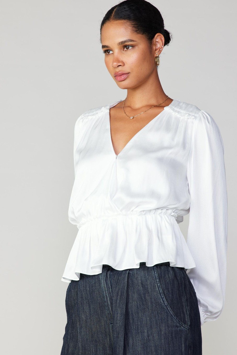 CURRENT AIR Surplice Peplum Blouse Long Sleeve Tops