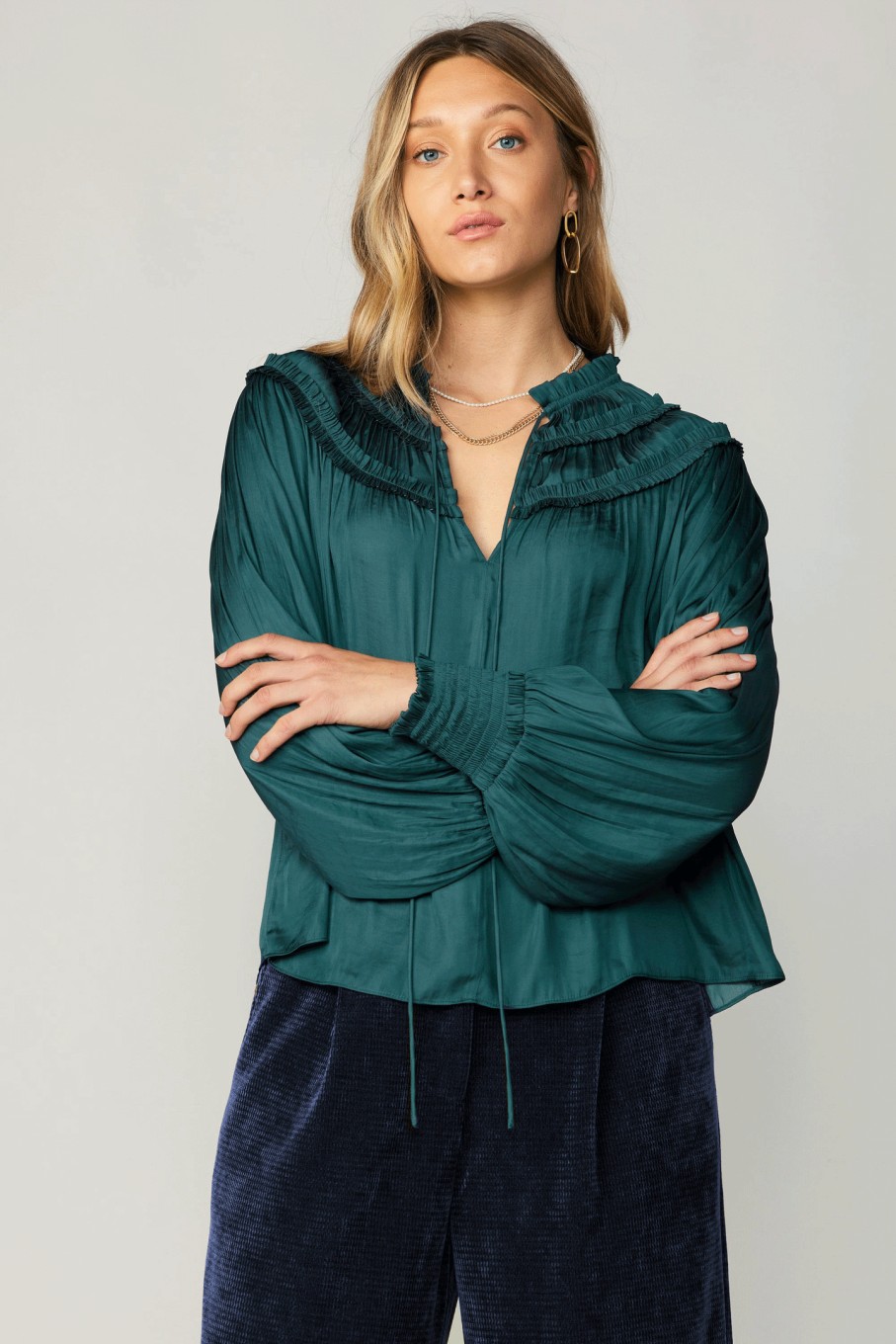 CURRENT AIR Ruffled Yoke Blouse Long Sleeve Tops