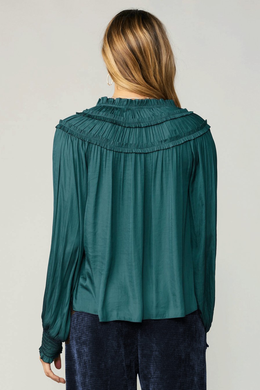 CURRENT AIR Ruffled Yoke Blouse Long Sleeve Tops