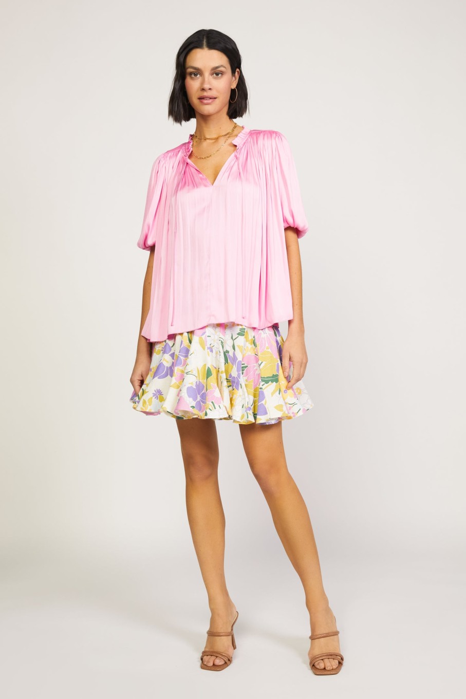 CURRENT AIR Pleated Puff Sleeve Blouse Short Sleeve Tops