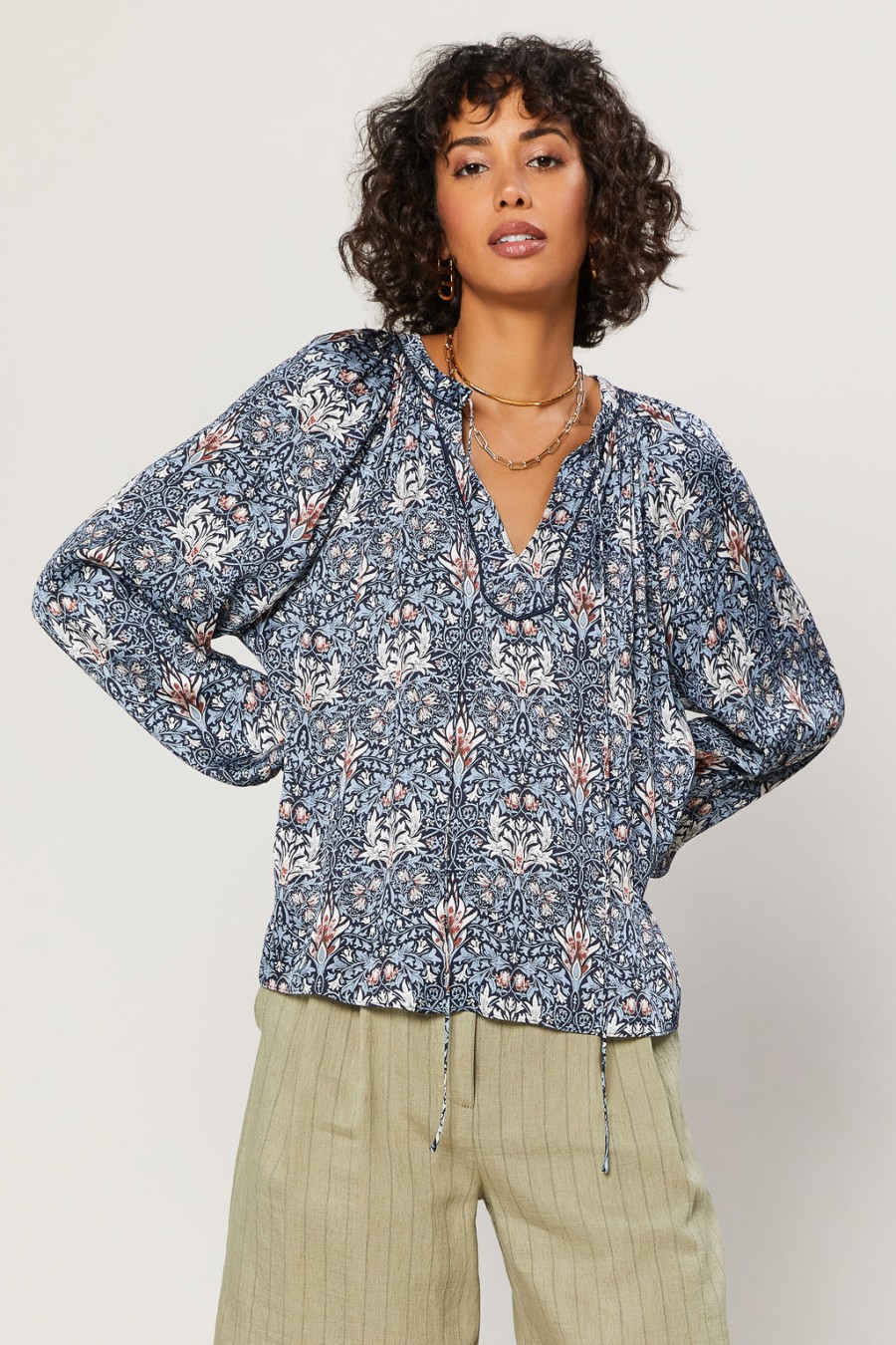 CURRENT AIR Tile Print Split Neck Top Long Sleeve Tops