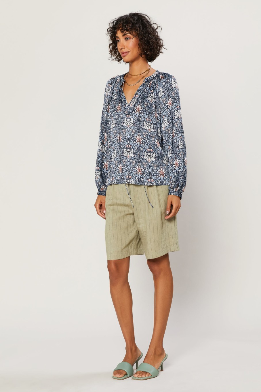 CURRENT AIR Tile Print Split Neck Top Long Sleeve Tops