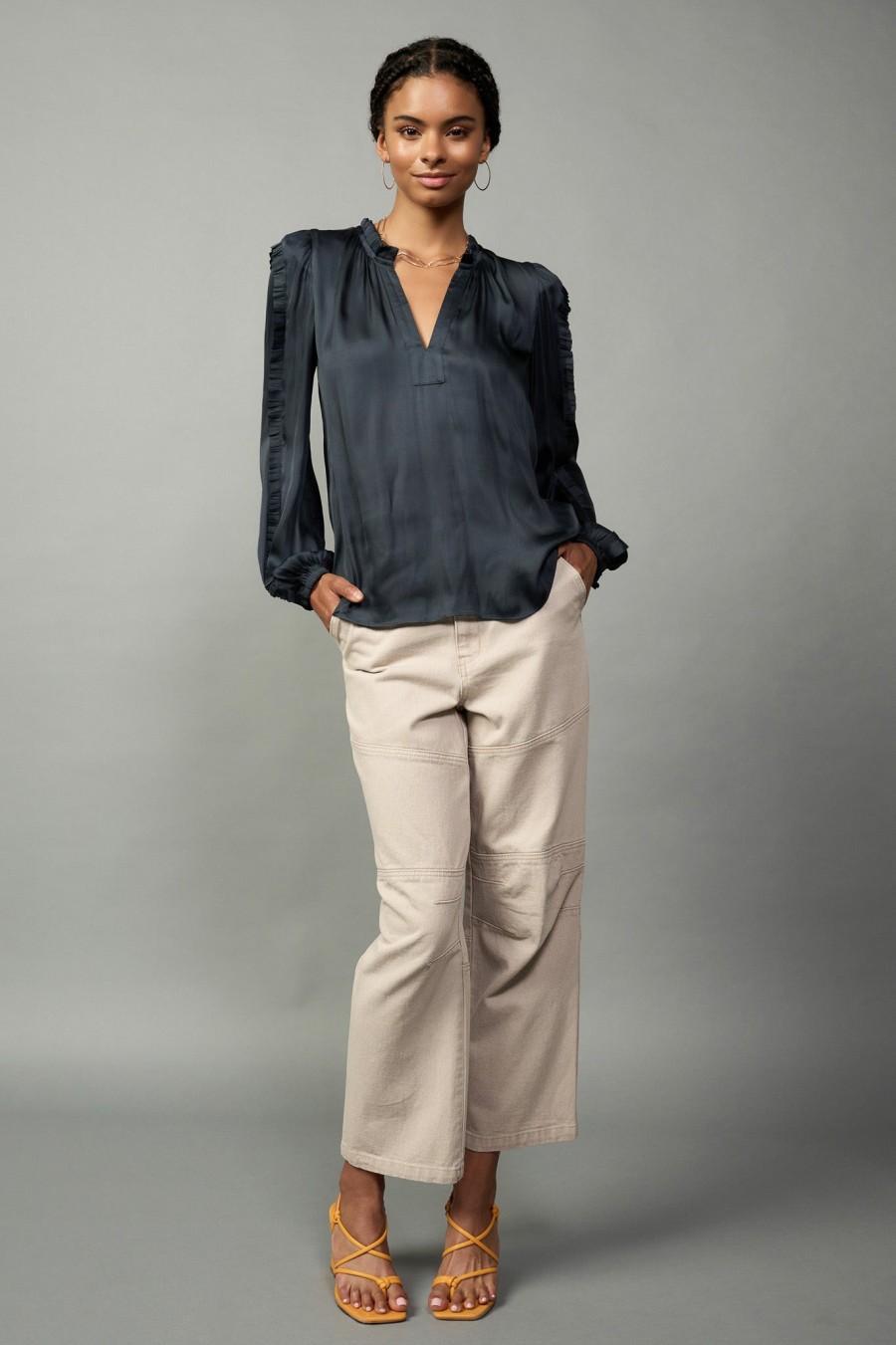 CURRENT AIR Ruffle Split Neck Blouse Blouses