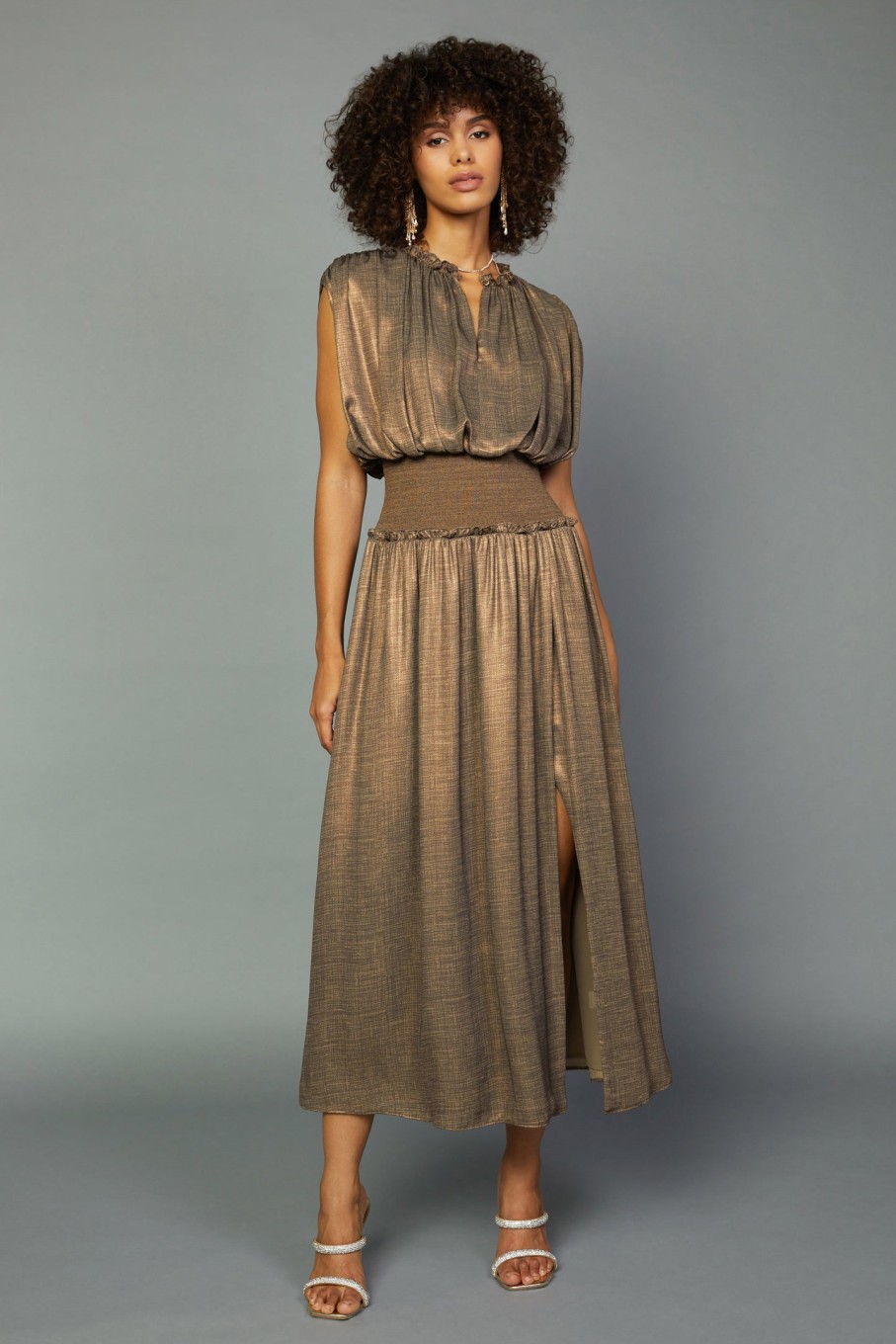 CURRENT AIR Metallic Ribbed Waist Dress Maxi Dresses