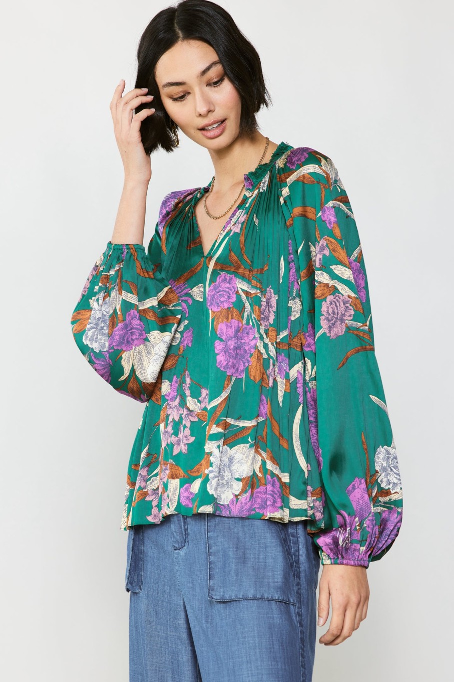 CURRENT AIR Pleated Floral Blouse Blouses