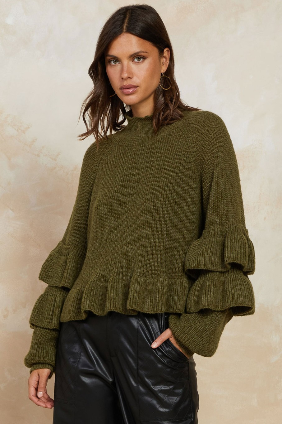 CURRENT AIR Ruffled Mock Neck Sweater Long Sleeve Tops