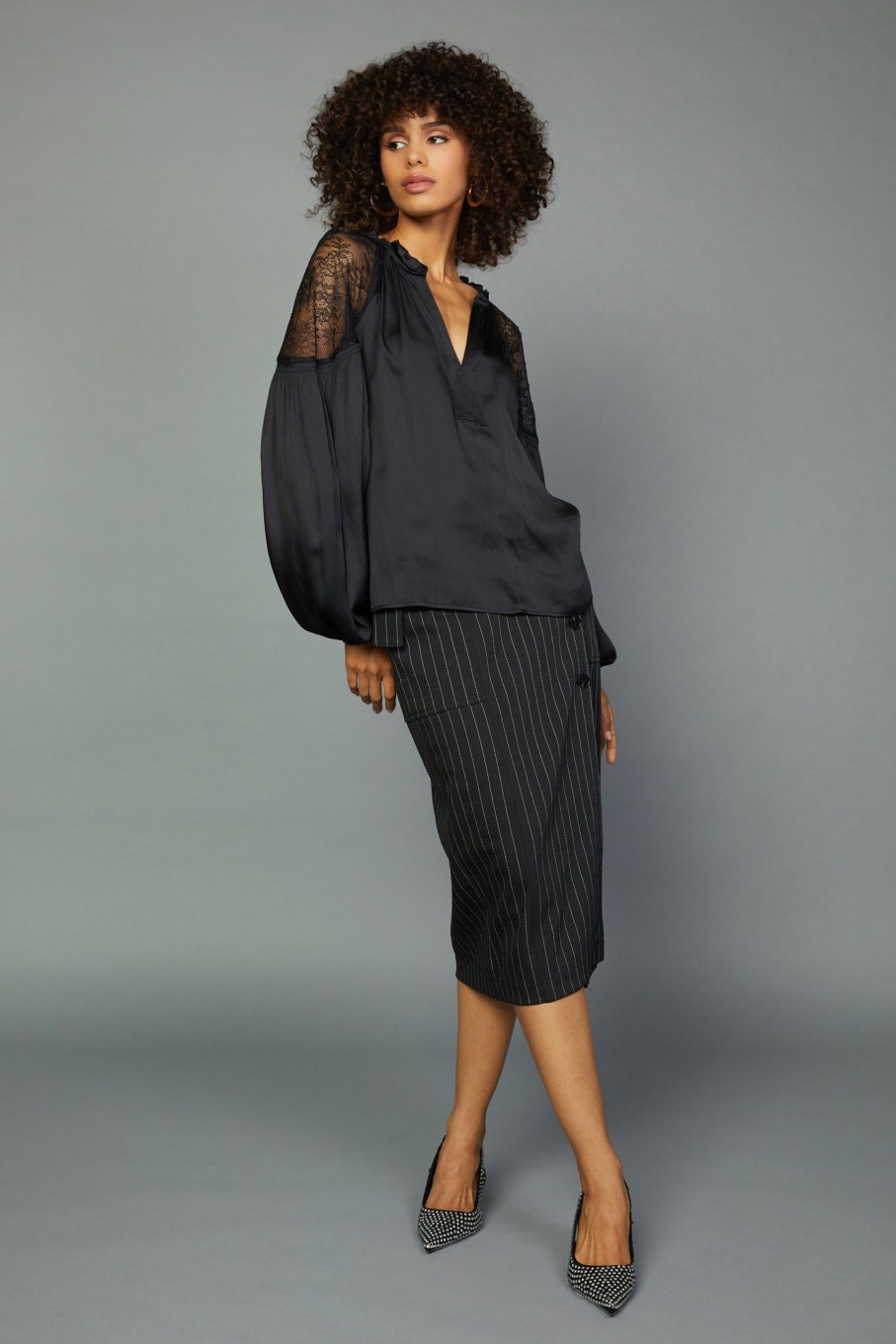 CURRENT AIR Peekaboo Lace Blouse Long Sleeve Tops