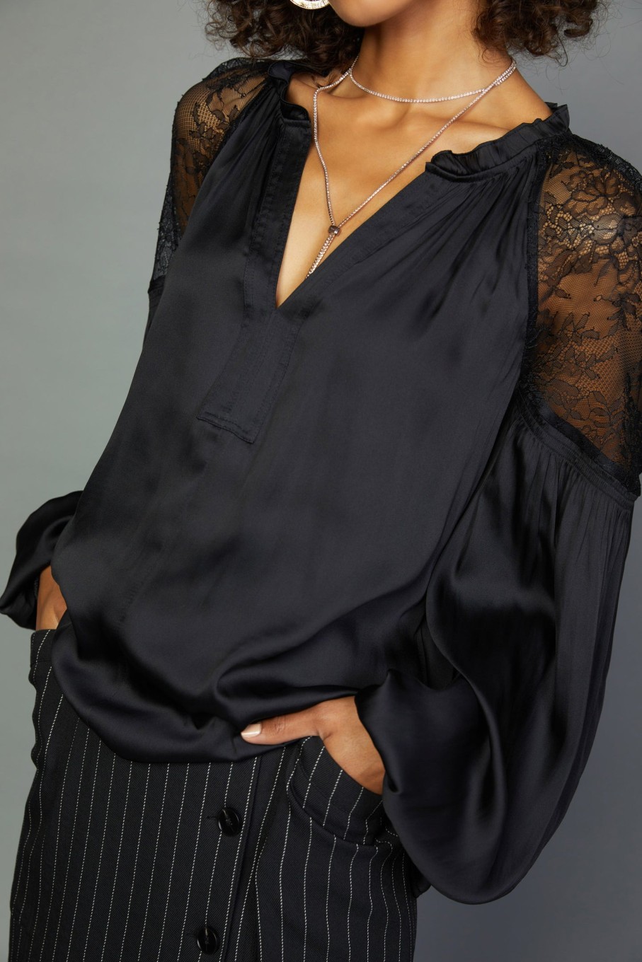 CURRENT AIR Peekaboo Lace Blouse Long Sleeve Tops
